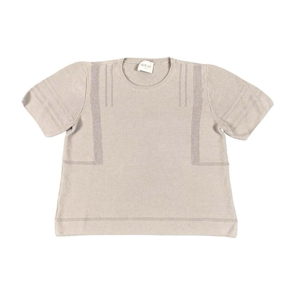 Women’s WRAP London Beige Linen Cotton Knit Crew Neck Short Sleeve Sweater 8